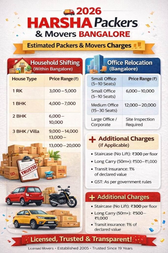 charges in Bangalore rate card – Harsha Packers & Movers