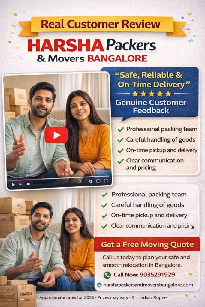 Real customer video review of Harsha Packers and Movers Bangalore sharing honest relocation experience